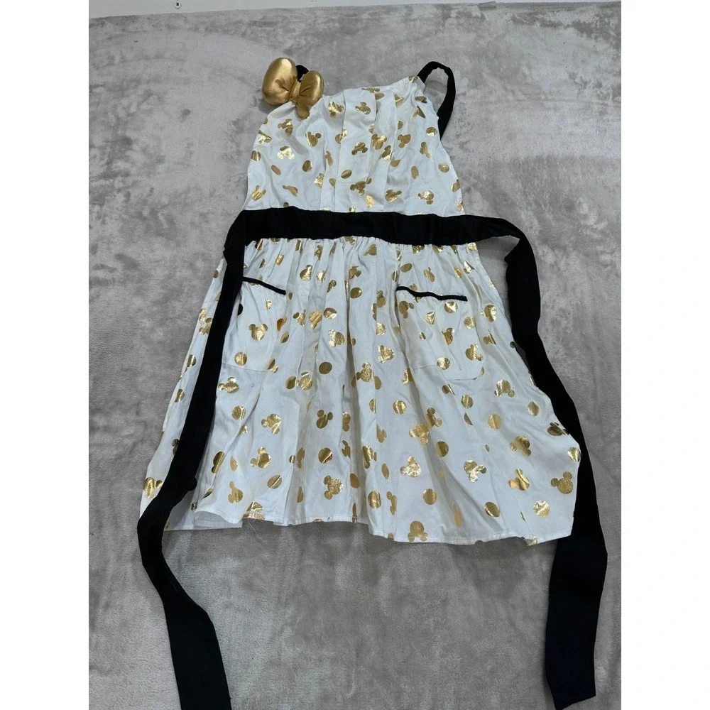 Official Disney Parks Minnie Mouse Hostess Apron White Gold Metallic Polka Dot